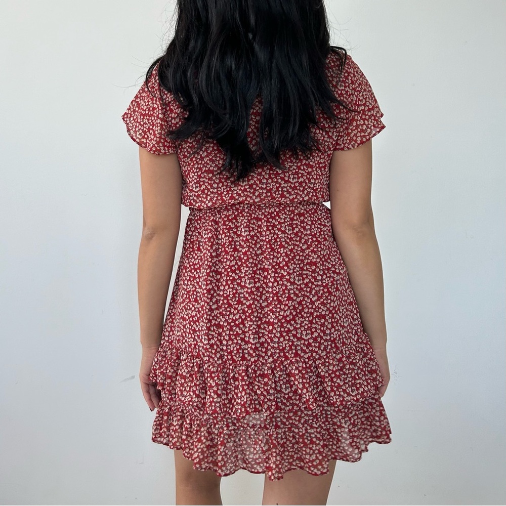 Red Floral Short Sleeve Ruffle Dress - X-Small - Picture 4 of 4